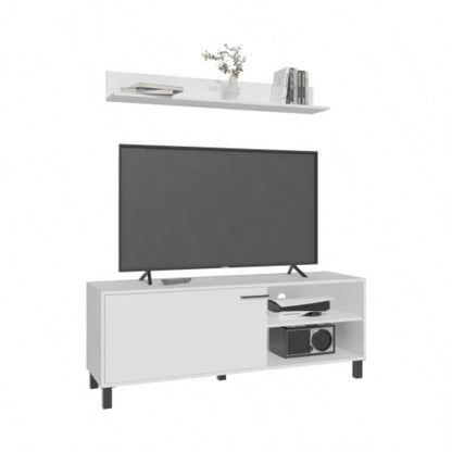 Living Room Set, Tv Stand+ Wall Shelf, 1 Door, 3 Shelves, White