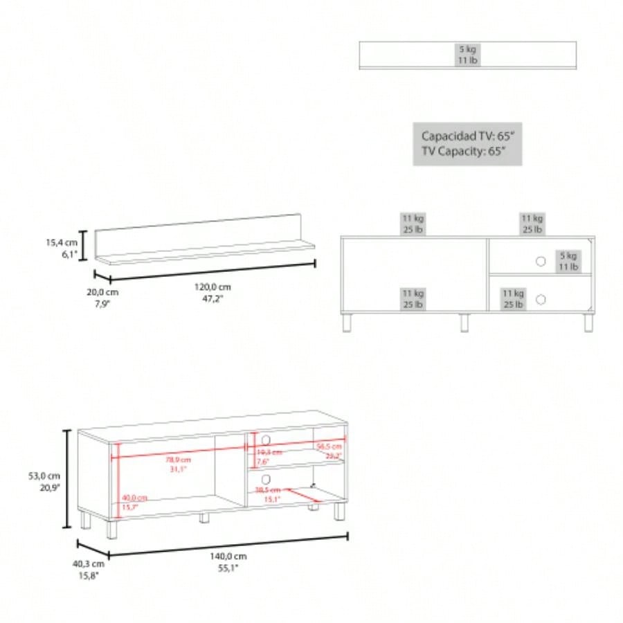 Living Room Set, Tv Stand+ Wall Shelf, 1 Door, 3 Shelves, White