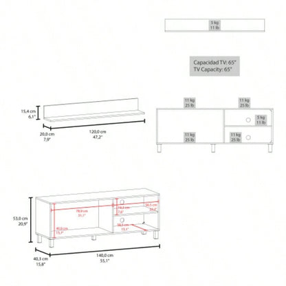 Living Room Set, Tv Stand+ Wall Shelf, 1 Door, 3 Shelves, White