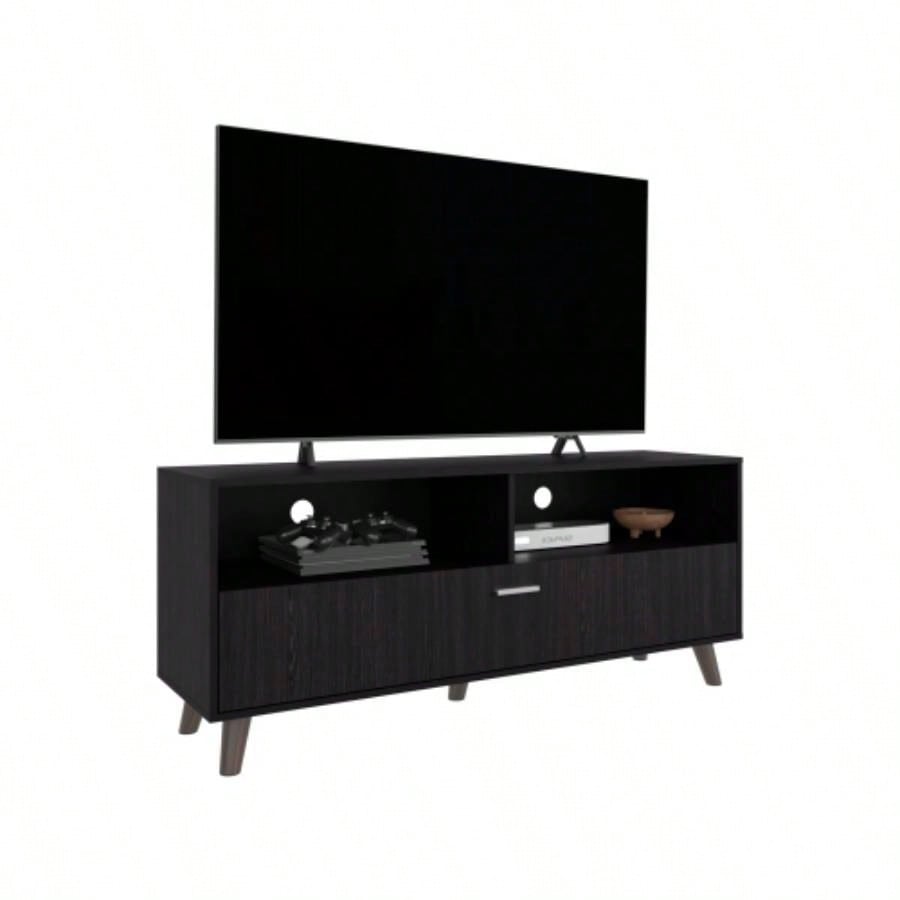 Tv Stand, 1 Door, 2 Shelves, Black Wengue
