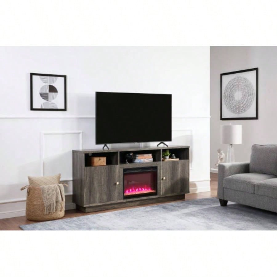 Ambrose 70 Gray Walnut Fireplace TV Stand Console with Heater, LED Light, Cabinets, Shelves