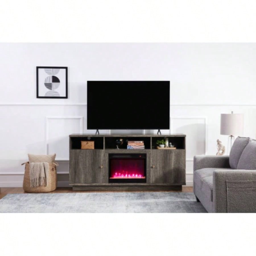 Ambrose 70 Gray Walnut Fireplace TV Stand Console with Heater, LED Light, Cabinets, Shelves