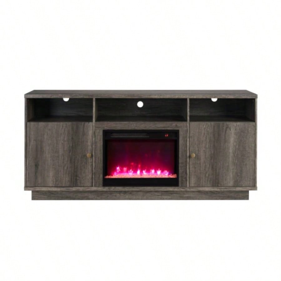 Ambrose 70 Gray Walnut Fireplace TV Stand Console with Heater, LED Light, Cabinets, Shelves
