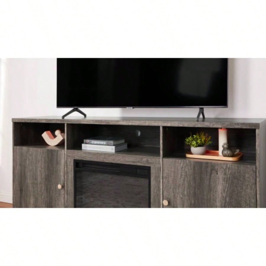 Ambrose 70 Gray Walnut Fireplace TV Stand Console with Heater, LED Light, Cabinets, Shelves