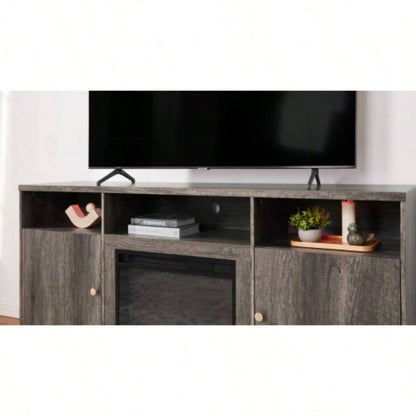 Ambrose 70 Gray Walnut Fireplace TV Stand Console with Heater, LED Light, Cabinets, Shelves