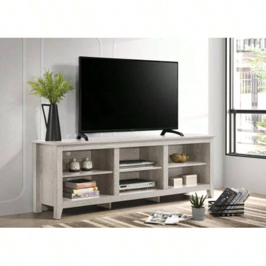 Benito Dusty Gray 70 Wide TV Stand with Open Shelves and Management