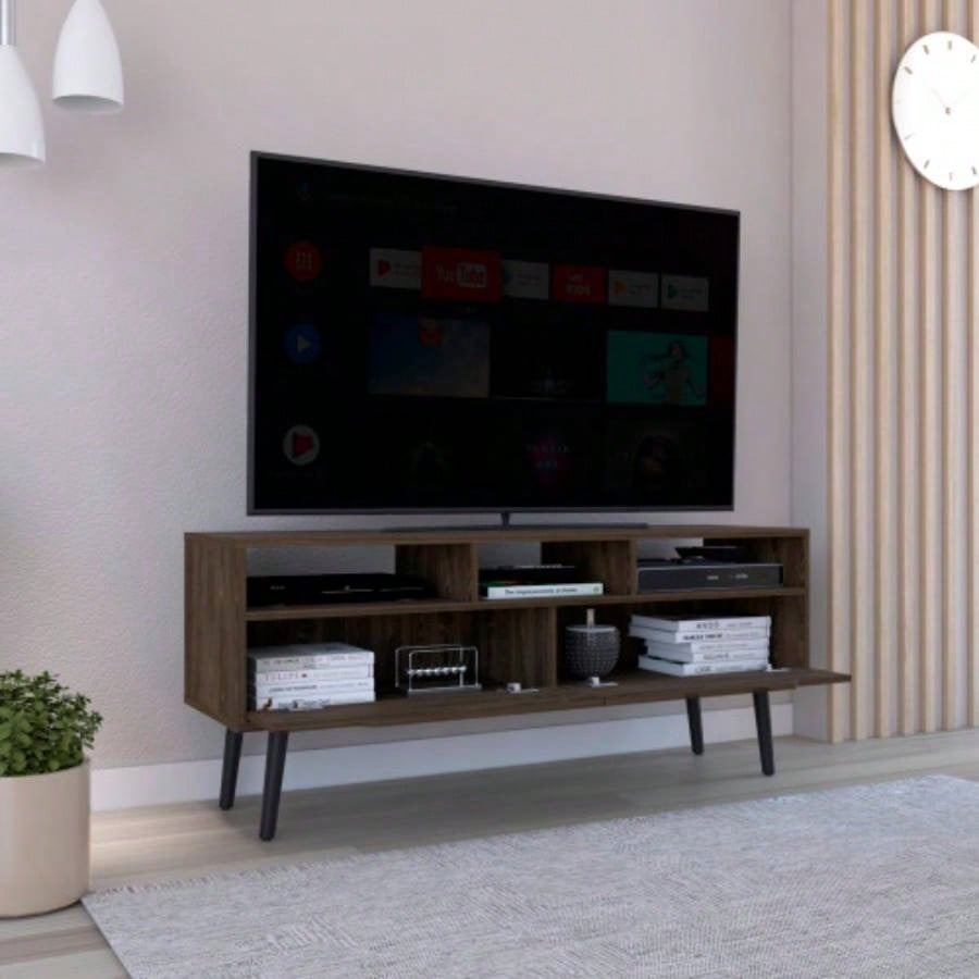 Tv Stand TVs up 52 Bull, Three Open Shelves, Two Flexible Drawers, Dark Walnut