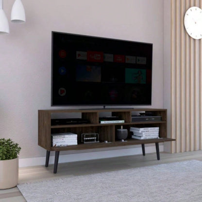 Tv Stand TVs up 52 Bull, Three Open Shelves, Two Flexible Drawers, Dark Walnut