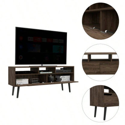 Tv Stand TVs up 52 Bull, Three Open Shelves, Two Flexible Drawers, Dark Walnut