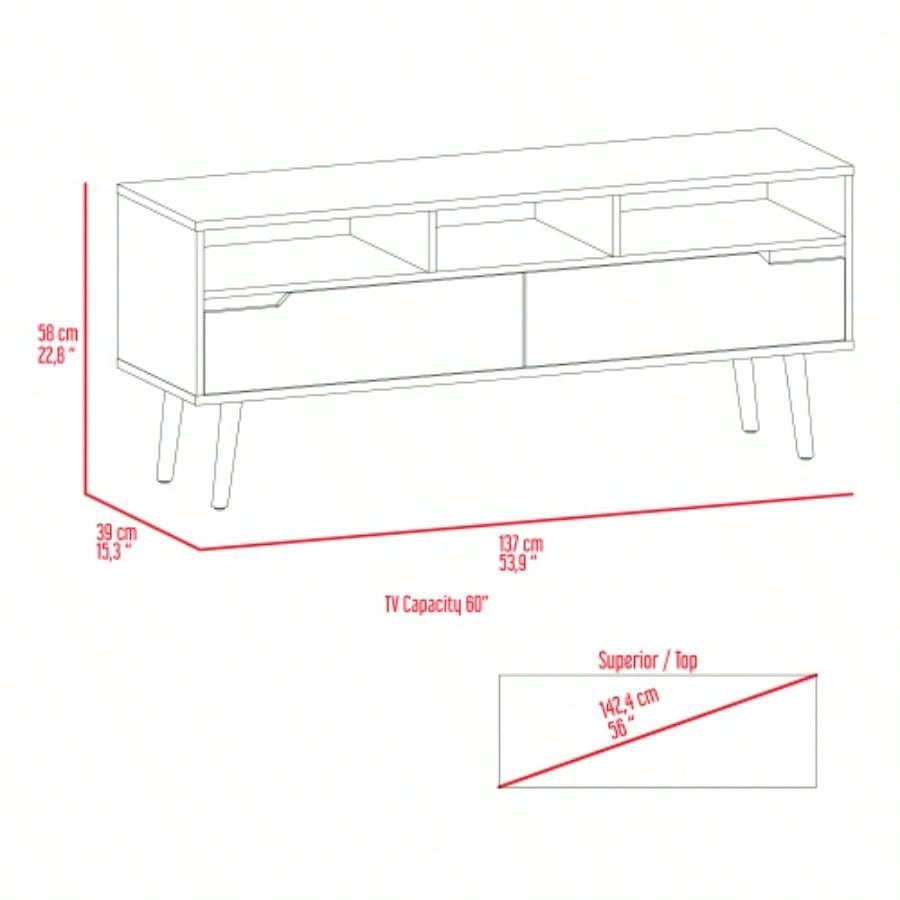 Tv Stand TVs up 52 Bull, Three Open Shelves, Two Flexible Drawers, Dark Walnut