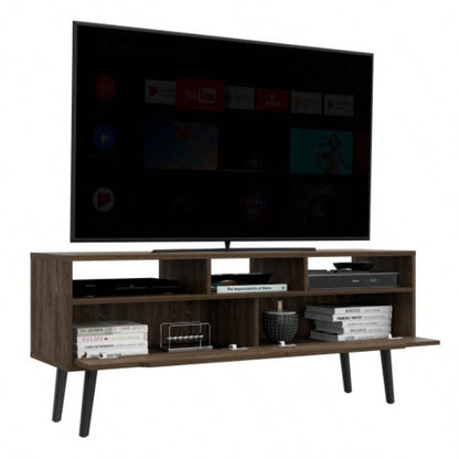 Tv Stand TVs up 52 Bull, Three Open Shelves, Two Flexible Drawers, Dark Walnut