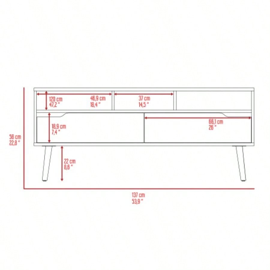 Tv Stand TVs up 52 Bull, Three Open Shelves, Two Flexible Drawers, Dark Walnut