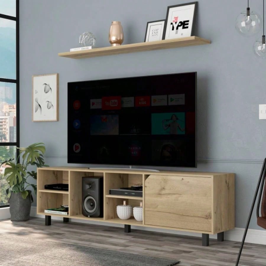 TV Stand TVs up 70 Estocolmo, Four Open Shelves, Light Oak