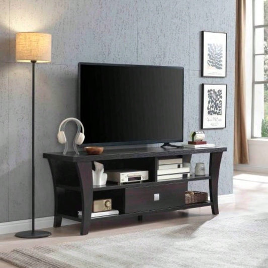 TV Stand Cabinet with curved one drawers on metal glides metal square handle modern design divided shelf two cubbies