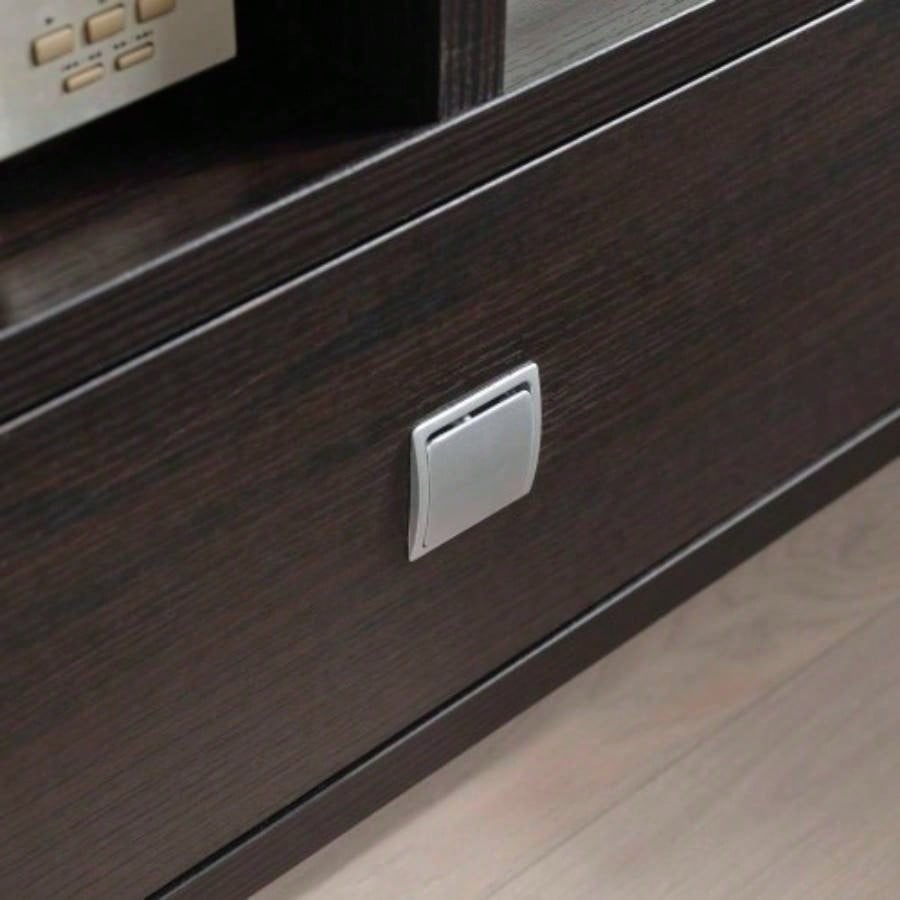 TV Stand Cabinet with curved one drawers on metal glides metal square handle modern design divided shelf two cubbies