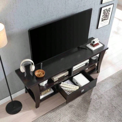 TV Stand Cabinet with curved one drawers on metal glides metal square handle modern design divided shelf two cubbies