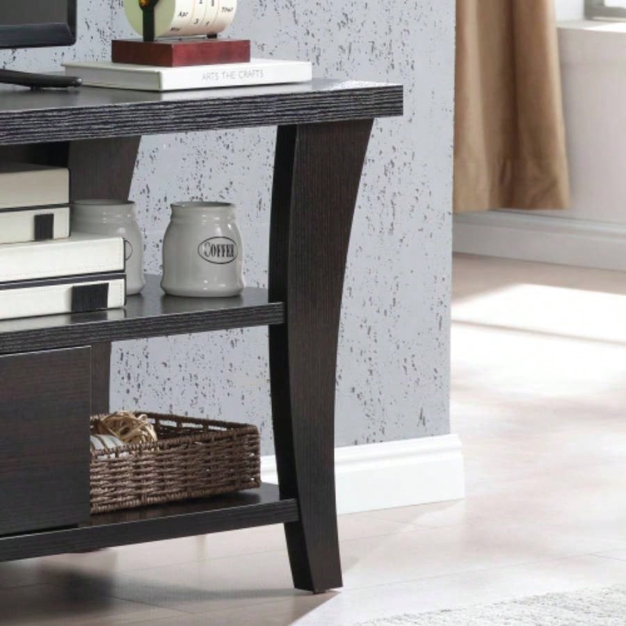 TV Stand Cabinet with curved one drawers on metal glides metal square handle modern design divided shelf two cubbies