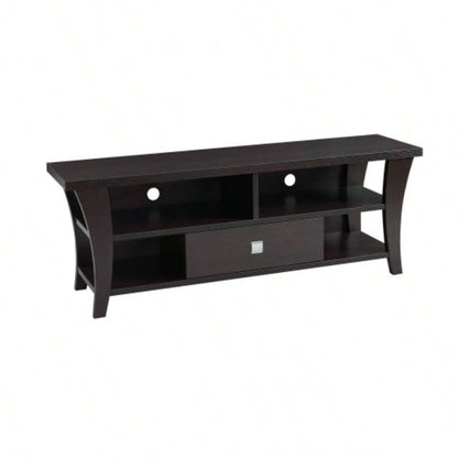 TV Stand Cabinet with curved one drawers on metal glides metal square handle modern design divided shelf two cubbies