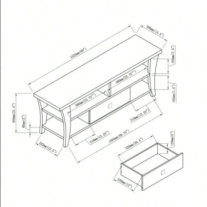 TV Stand Cabinet with curved one drawers on metal glides metal square handle modern design divided shelf two cubbies