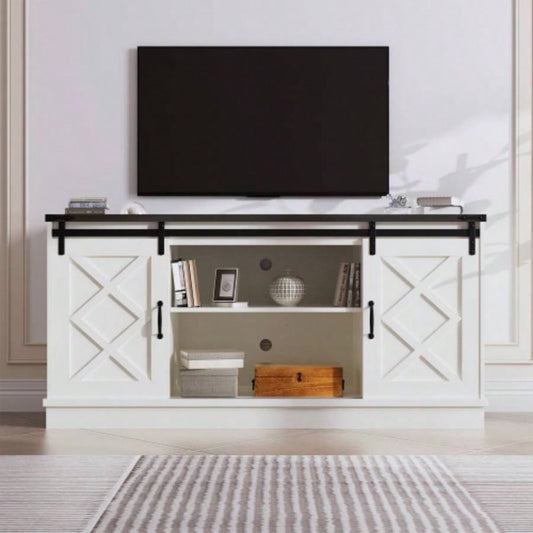 Farmhouse TV Stand wih Storage, 58 Entertainment Center with Sliding Barn Door, Wooden Media TV Console with Height Adjustable Shelves Living Room