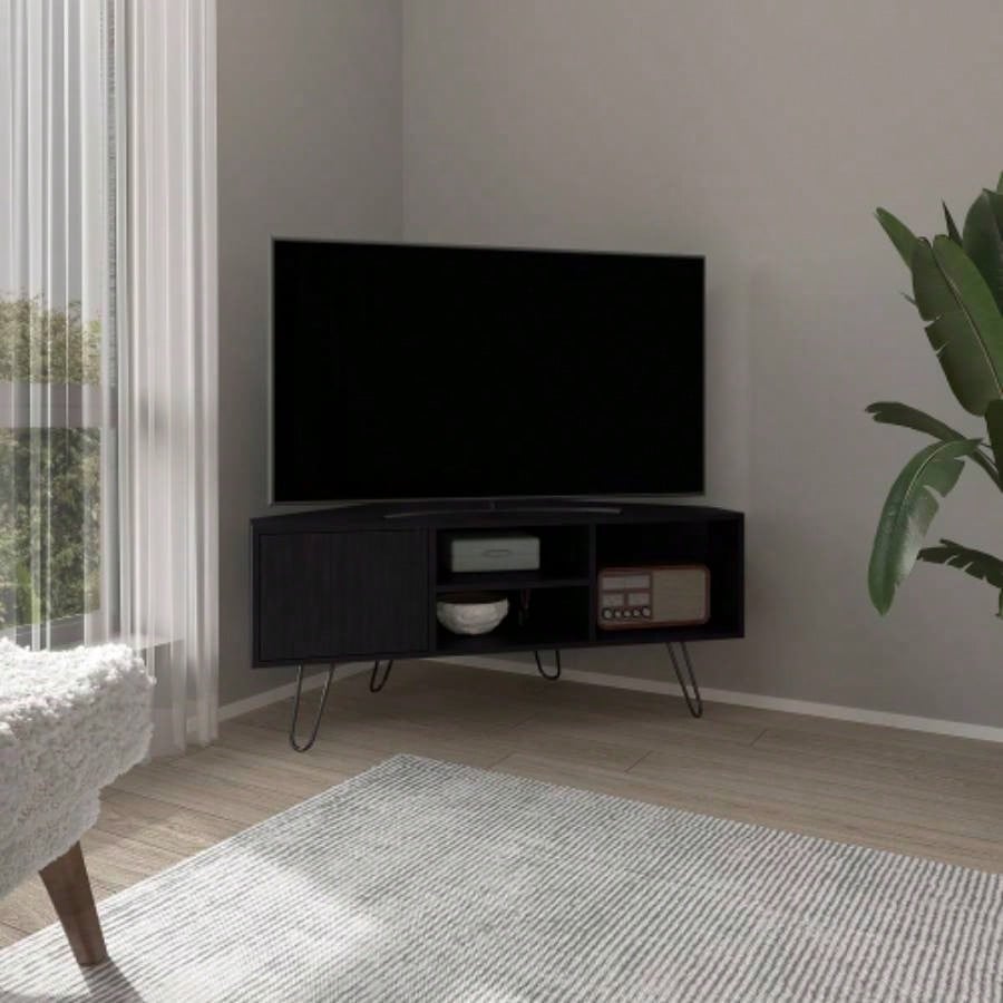 TV Stand, 1 Door, 3 Shelves, 4, Black