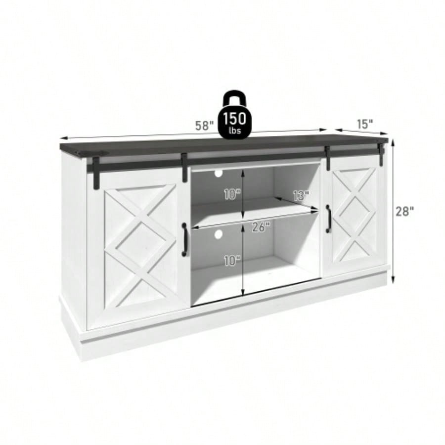 Farmhouse TV Stand wih Storage, 58 Entertainment Center with Sliding Barn Door, Wooden Media TV Console with Height Adjustable Shelves Living Room