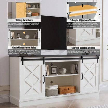 Farmhouse TV Stand wih Storage, 58 Entertainment Center with Sliding Barn Door, Wooden Media TV Console with Height Adjustable Shelves Living Room