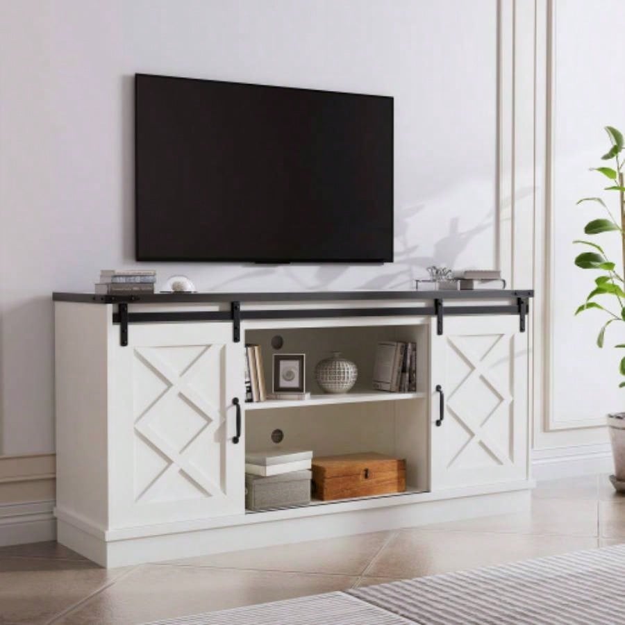 Farmhouse TV Stand wih Storage, 58 Entertainment Center with Sliding Barn Door, Wooden Media TV Console with Height Adjustable Shelves Living Room