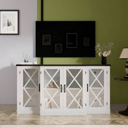 Farmhouse TV Stand wih Storage, 63 Entertainment Center, Wooden Media TV Console with Height Adjustable Shelves Living Room