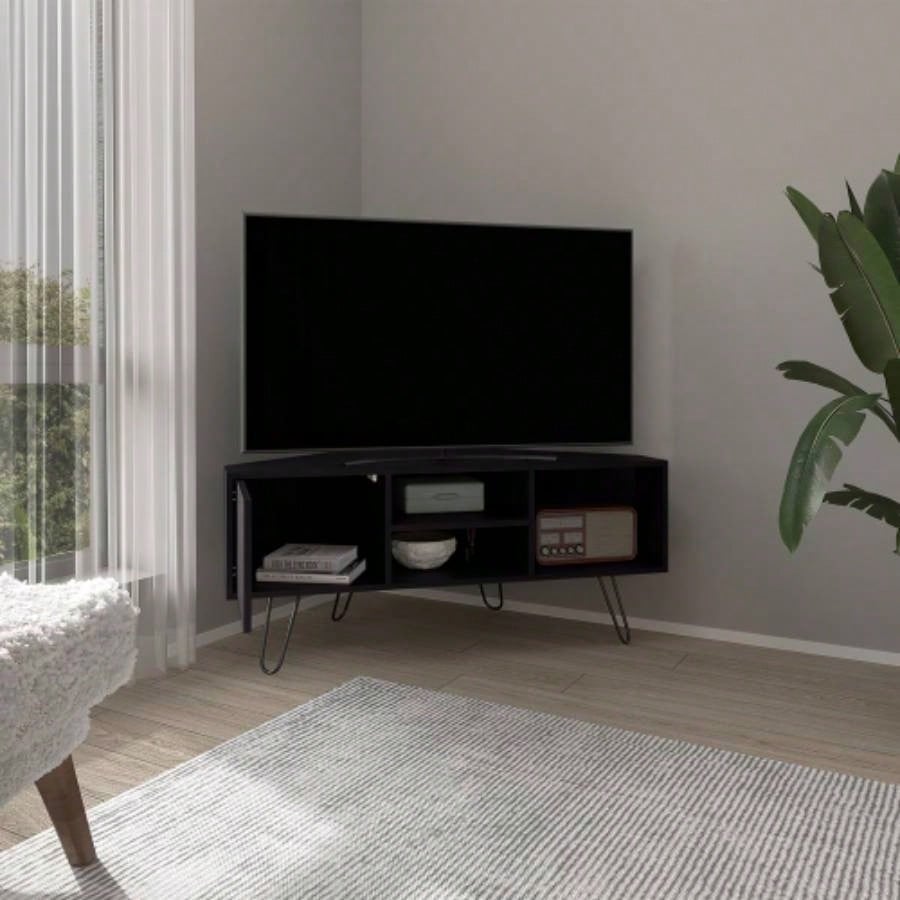 TV Stand, 1 Door, 3 Shelves, 4, Black