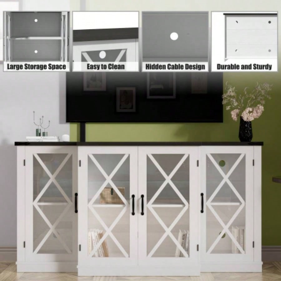 Farmhouse TV Stand wih Storage, 63 Entertainment Center, Wooden Media TV Console with Height Adjustable Shelves Living Room