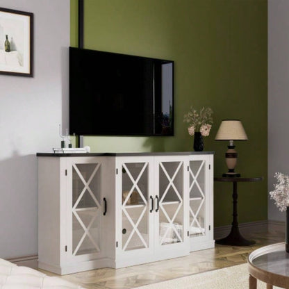 Farmhouse TV Stand wih Storage, 63 Entertainment Center, Wooden Media TV Console with Height Adjustable Shelves Living Room