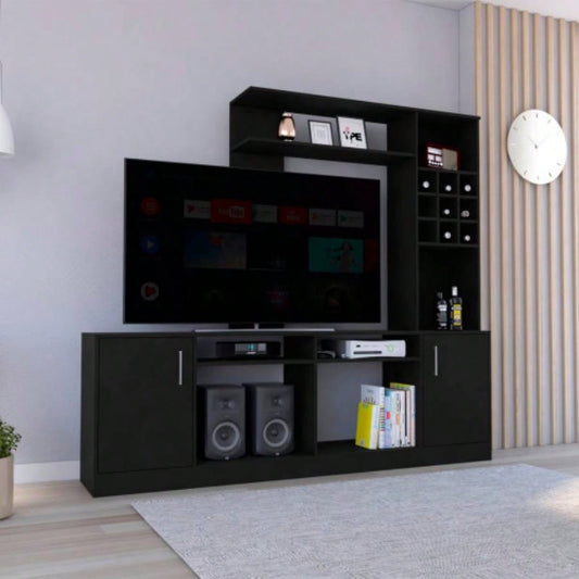 Entertainment Center TVs up 78 Double Door Cabinet, Storage Spaces, Six External Shelves, Black