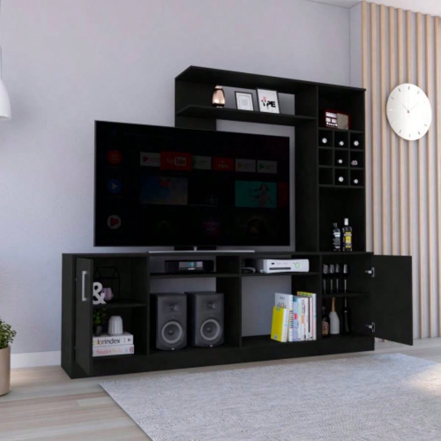 Entertainment Center TVs up 78 Double Door Cabinet, Storage Spaces, Six External Shelves, Black