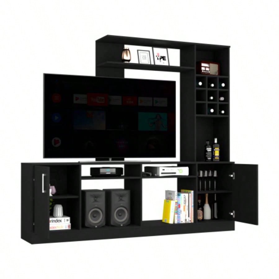 Entertainment Center TVs up 78 Double Door Cabinet, Storage Spaces, Six External Shelves, Black
