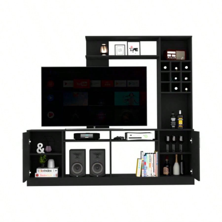 Entertainment Center TVs up 78 Double Door Cabinet, Storage Spaces, Six External Shelves, Black