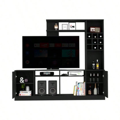 Entertainment Center TVs up 78 Double Door Cabinet, Storage Spaces, Six External Shelves, Black