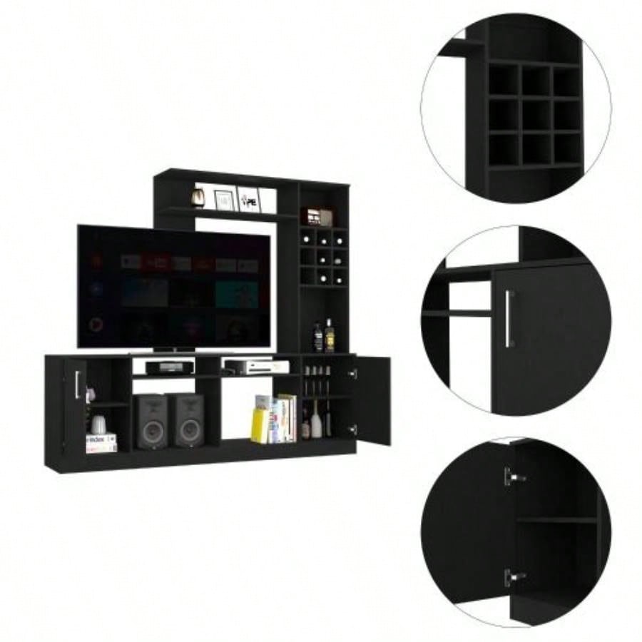 Entertainment Center TVs up 78 Double Door Cabinet, Storage Spaces, Six External Shelves, Black