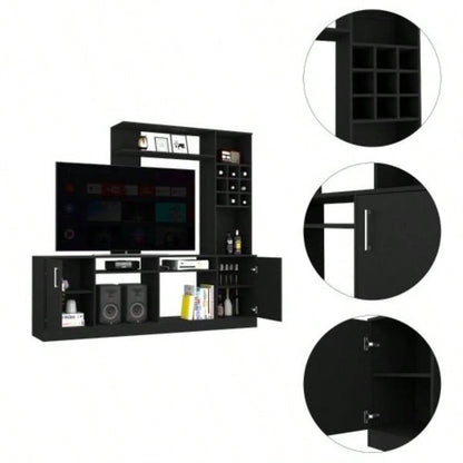 Entertainment Center TVs up 78 Double Door Cabinet, Storage Spaces, Six External Shelves, Black