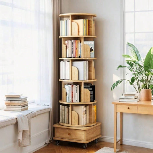 6 Tier Rotating Bookshelf, 360 Display Round Spinning Bookshelf with Wheels and Drawer, Space - Saving, Small Space Rotating Bookshelf Tower Bedroom, Living Room, Home, Office, Wood Color