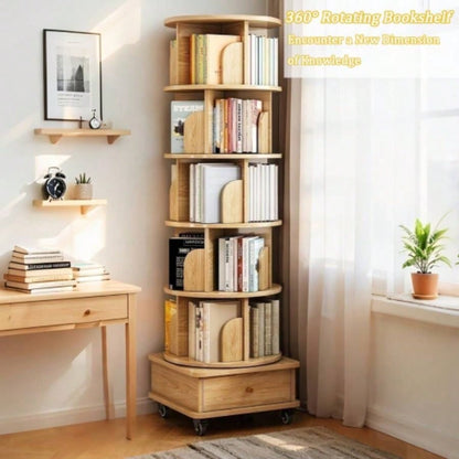6 Tier Rotating Bookshelf, 360 Display Round Spinning Bookshelf with Wheels and Drawer, Space - Saving, Small Space Rotating Bookshelf Tower Bedroom, Living Room, Home, Office, Wood Color