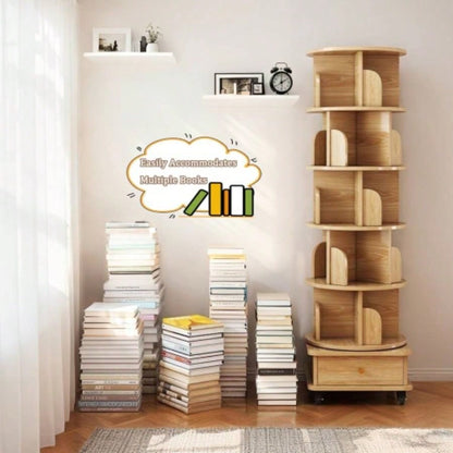 6 Tier Rotating Bookshelf, 360 Display Round Spinning Bookshelf with Wheels and Drawer, Space - Saving, Small Space Rotating Bookshelf Tower Bedroom, Living Room, Home, Office, Wood Color