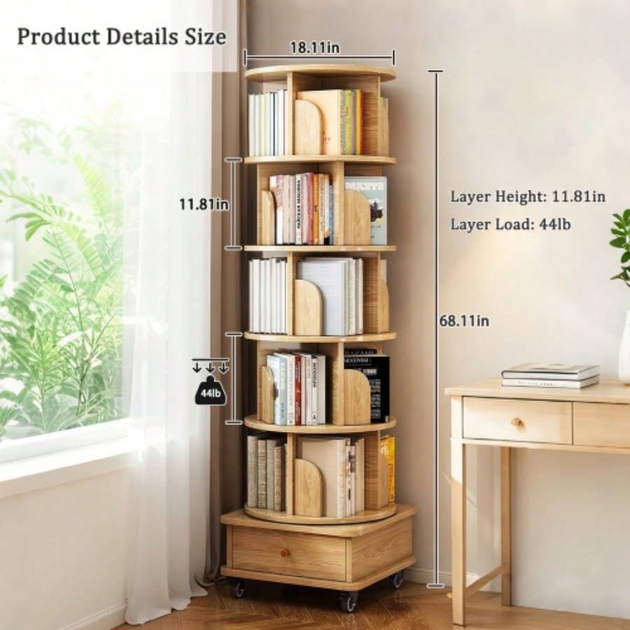 6 Tier Rotating Bookshelf, 360 Display Round Spinning Bookshelf with Wheels and Drawer, Space - Saving, Small Space Rotating Bookshelf Tower Bedroom, Living Room, Home, Office, Wood Color