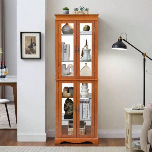 Lighted Glass Curio Display Cabinet, Display Cabinet, Glass Storage Cabinet Glass Wine cabinet Wood Frame Toy Display Living Room, Kitchen, Pantry light bulb included OAK