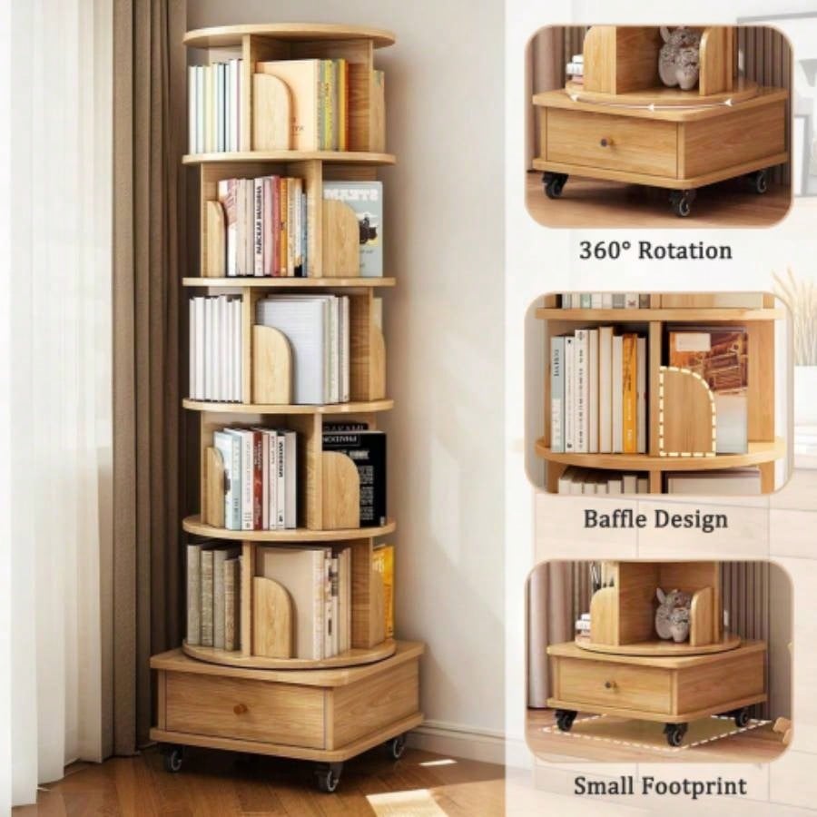 6 Tier Rotating Bookshelf, 360 Display Round Spinning Bookshelf with Wheels and Drawer, Space - Saving, Small Space Rotating Bookshelf Tower Bedroom, Living Room, Home, Office, Wood Color