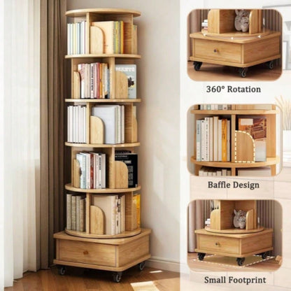 6 Tier Rotating Bookshelf, 360 Display Round Spinning Bookshelf with Wheels and Drawer, Space - Saving, Small Space Rotating Bookshelf Tower Bedroom, Living Room, Home, Office, Wood Color