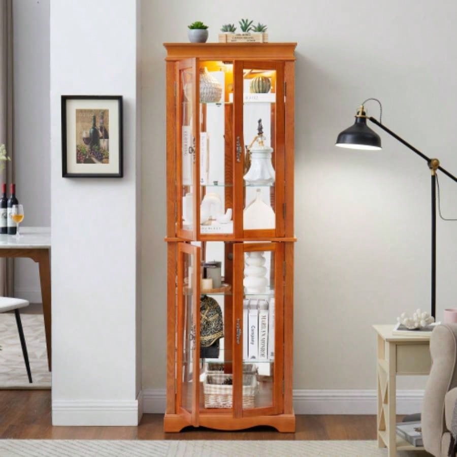 Lighted Glass Curio Display Cabinet, Display Cabinet, Glass Storage Cabinet Glass Wine cabinet Wood Frame Toy Display Living Room, Kitchen, Pantry light bulb included OAK