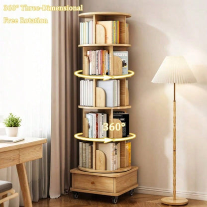 6 Tier Rotating Bookshelf, 360 Display Round Spinning Bookshelf with Wheels and Drawer, Space - Saving, Small Space Rotating Bookshelf Tower Bedroom, Living Room, Home, Office, Wood Color