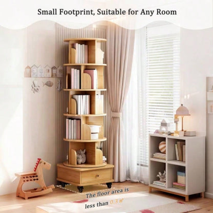 6 Tier Rotating Bookshelf, 360 Display Round Spinning Bookshelf with Wheels and Drawer, Space - Saving, Small Space Rotating Bookshelf Tower Bedroom, Living Room, Home, Office, Wood Color