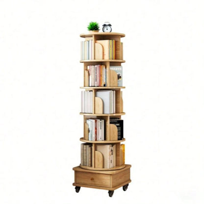 6 Tier Rotating Bookshelf, 360 Display Round Spinning Bookshelf with Wheels and Drawer, Space - Saving, Small Space Rotating Bookshelf Tower Bedroom, Living Room, Home, Office, Wood Color